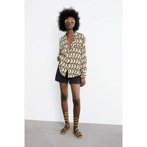 2/$30 Zara Beige Retro Print Overzised Collared Shirt Blouse Button Pockets XS